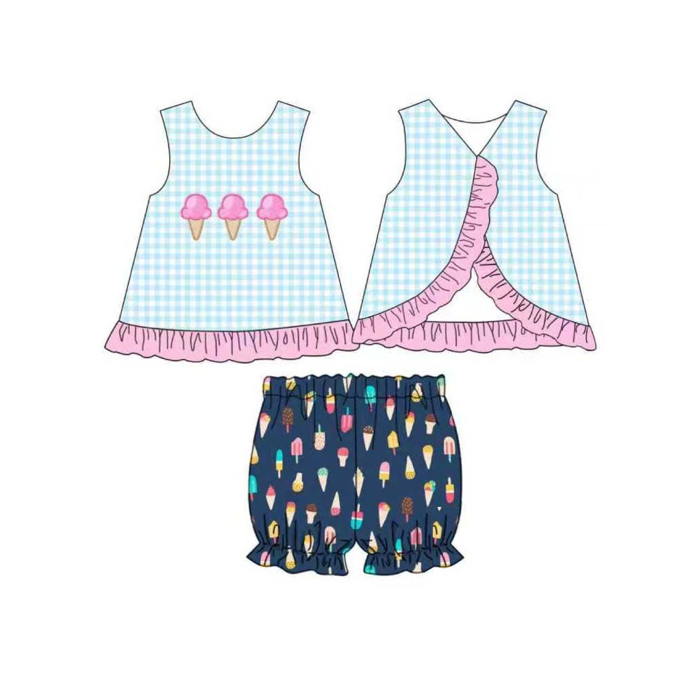 ( Moq 5 ) Preorder Baby Girls Sleeveless Blue Plaid Tunic Popsicles Shorts Clothes Set