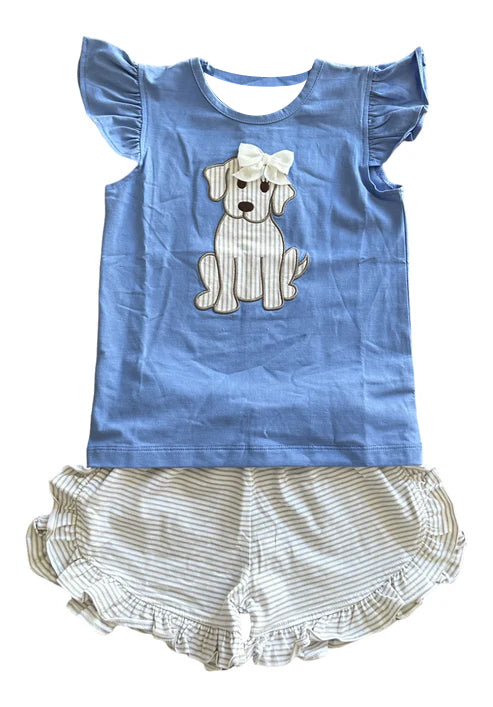 ( Moq 5 ) Preorder Baby Girls Short Sleeves Bow Dogs Shirt Stripes Ruffle Shorts Clothes Set