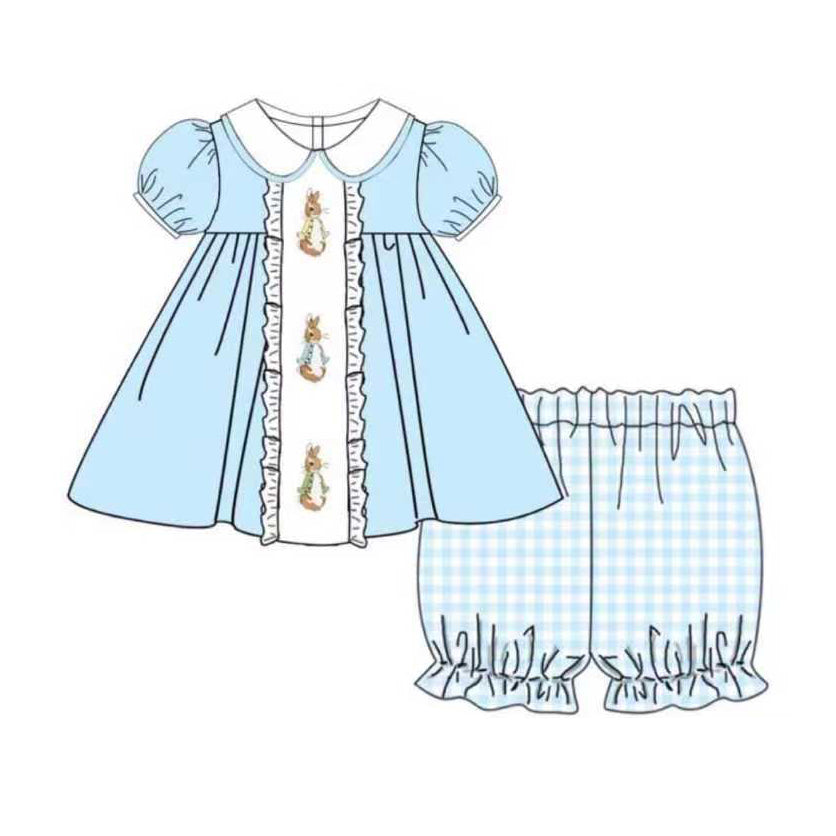 ( Moq 5 ) Preorder Baby Girls Rabbits Tunic Plaid Ruffle Shorts Easter Blue Clothes Set