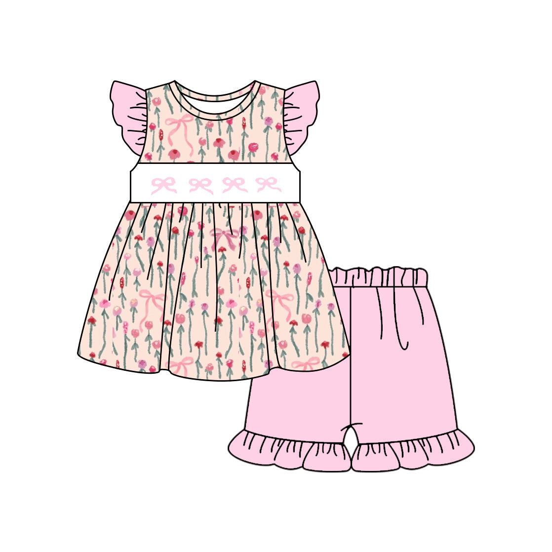 ( Moq 5 ) Preorder Baby Girls Short Sleeves Bows Floral Tunic Pink Ruffle Shorts Clothes Set