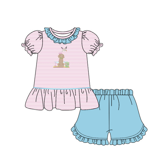 ( Moq 5 ) Preorder Baby Girls Short Sleeves Dogs Ducks Stripes Shirt Ruffle Shorts Summer Set