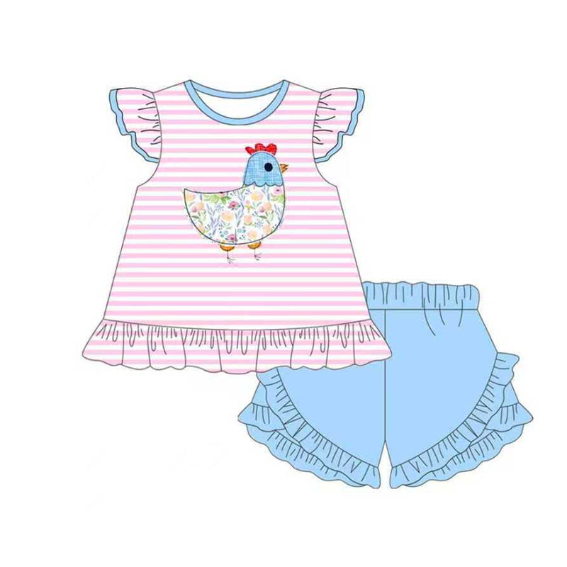 ( Moq 5 ) Preorder Baby Girls Floral Chicken Stripes Tunic Ruffle Blue Shorts Clothes Set