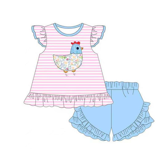 ( Moq 5 ) Preorder Baby Girls Floral Chicken Stripes Tunic Ruffle Blue Shorts Clothes Set
