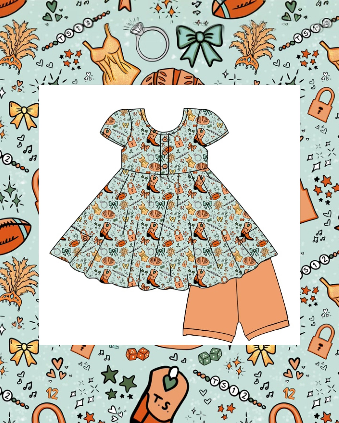 ( Moq 5 ) Preorder Baby Girls Short Sleeves Football Bows Boots Tunic Shorts Clothes Set