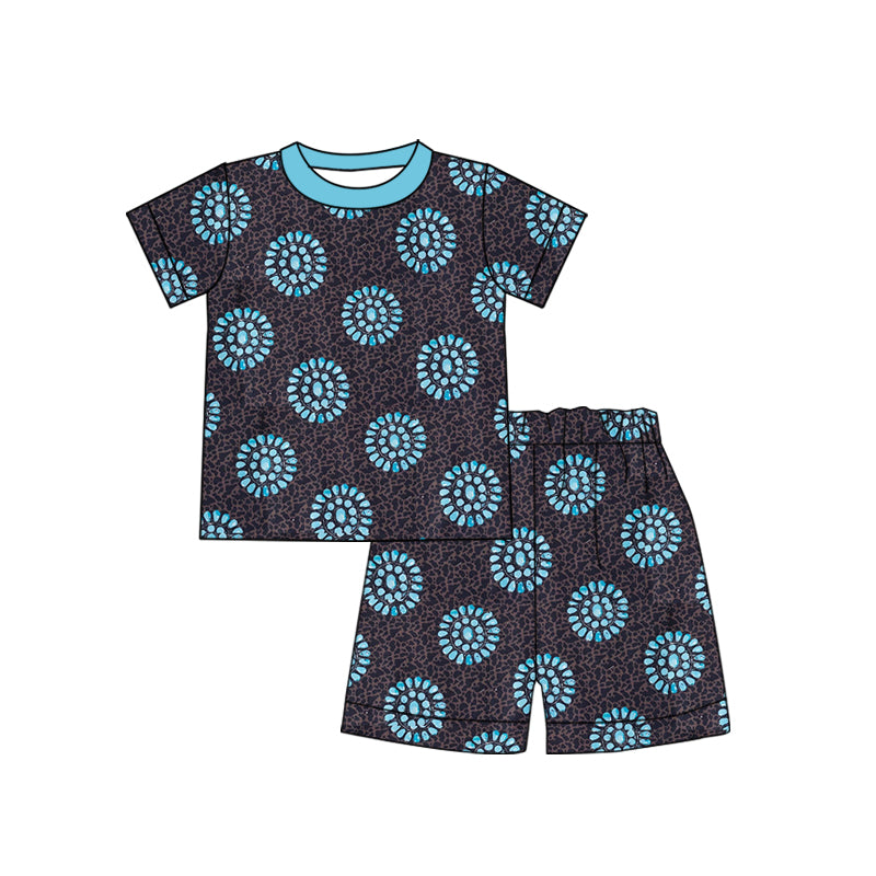 ( Moq 5 ) Preorder Baby Girls Short Sleeves Turquoise Leopard Shirt Shorts Summer Clothes Set