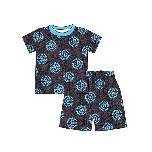 ( Moq 5 ) Preorder Baby Girls Short Sleeves Turquoise Leopard Shirt Shorts Summer Clothes Set