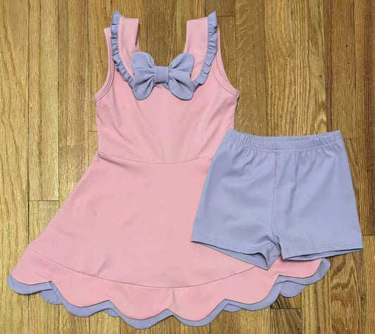 ( Moq 5 ) Preorder Baby Girls Sleeveless Bows Tunic Purple Shorts Yoga Active Clothes Set