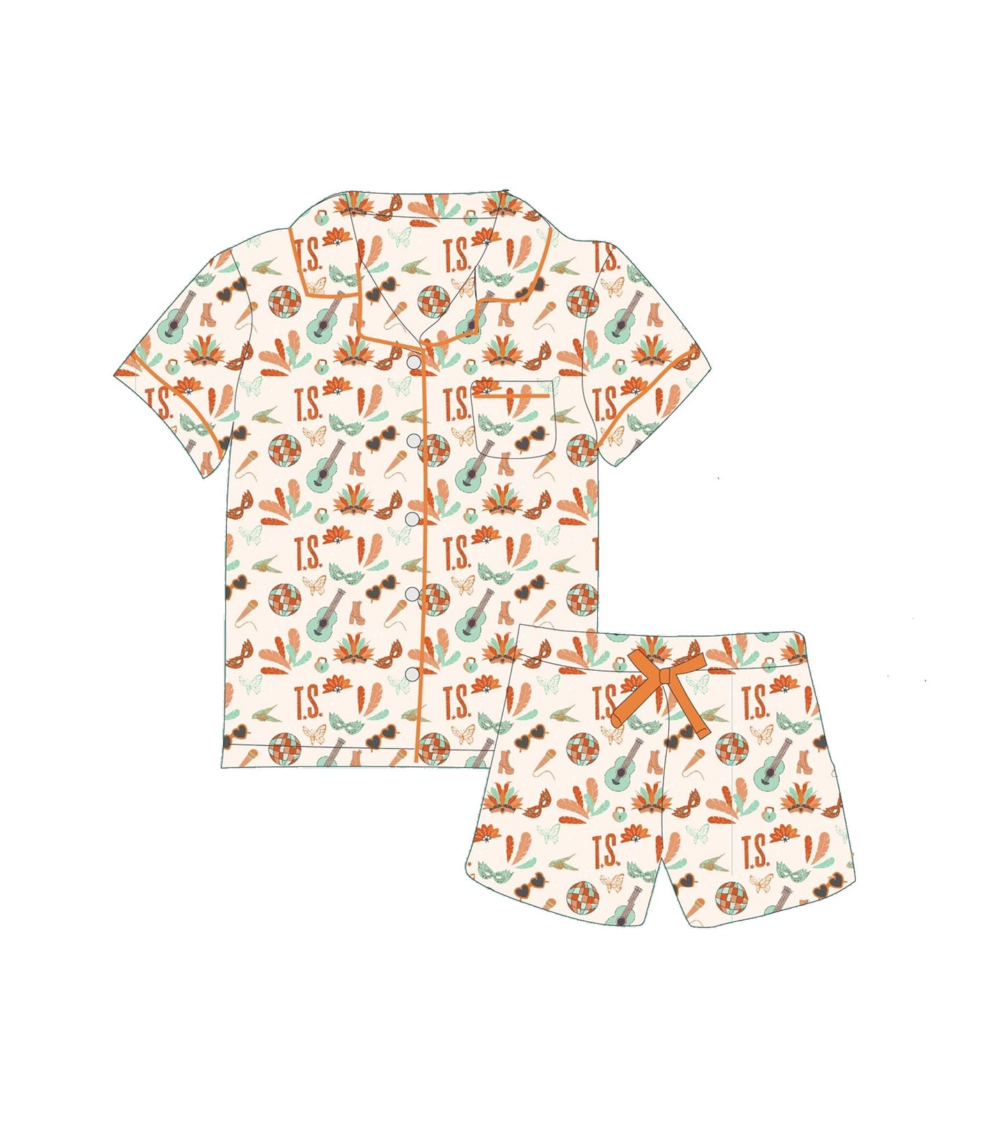 ( Moq 5 ) Preorder Baby Girls Short Sleeves Masks Guitars Buttons Shirt Shorts Pajamas Set