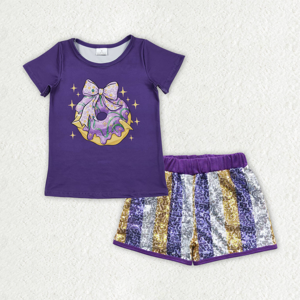 Sibling Baby Girls Kids Purple Short Sleeves Shirts Stripes Sequins Shorts Sets Mardi Gras Clothes RTS