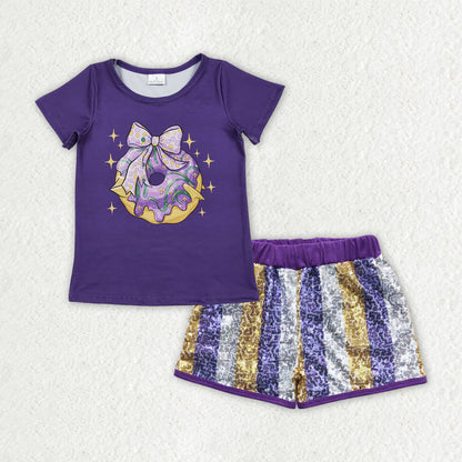 Sibling Baby Girls Kids Purple Short Sleeves Shirts Stripes Sequins Shorts Sets Mardi Gras Clothes RTS