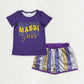 Sibling Baby Girls Kids Purple Short Sleeves Shirts Stripes Sequins Shorts Sets Mardi Gras Clothes RTS