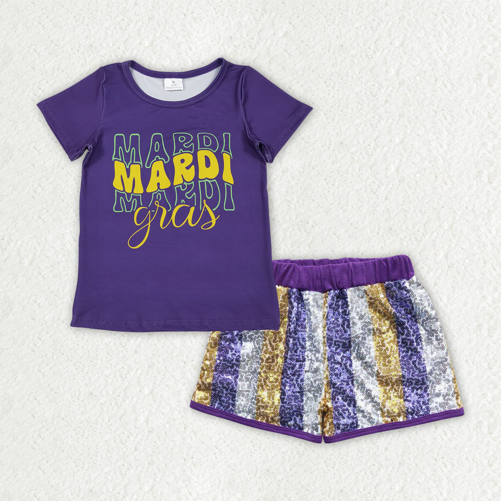 Sibling Baby Girls Kids Purple Short Sleeves Shirts Stripes Sequins Shorts Sets Mardi Gras Clothes RTS