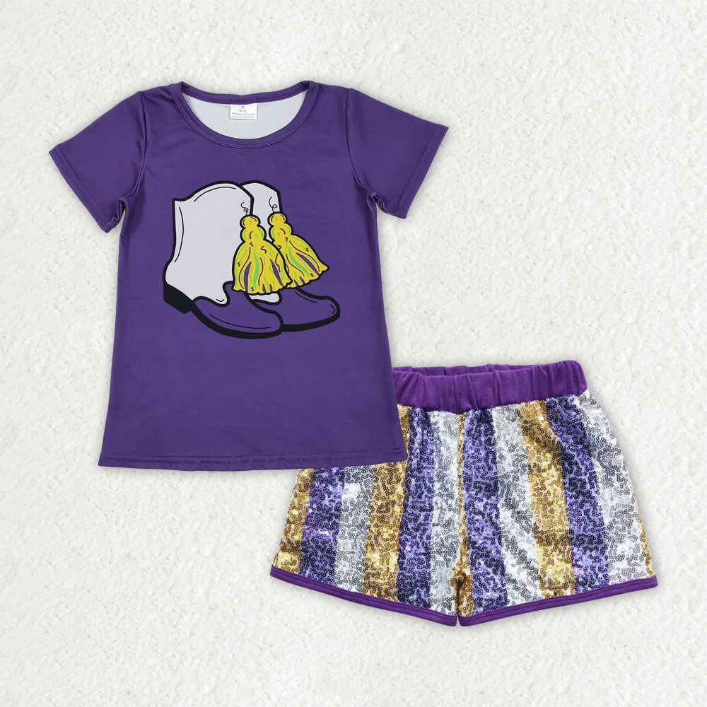 Sibling Baby Girls Kids Purple Short Sleeves Shirts Stripes Sequins Shorts Sets Mardi Gras Clothes RTS