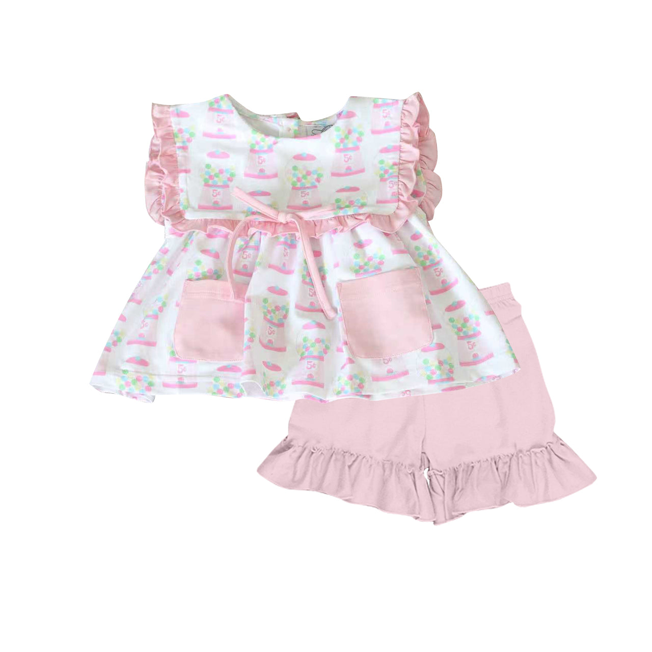 ( Moq 5 ) Preorder Baby Girls Short Sleeves Pockets Tunic Pink Shorts Clothes Set
