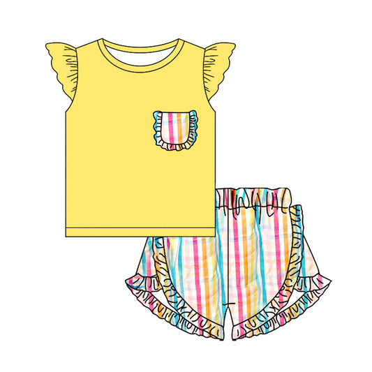 ( Moq 5 ) Preorder Baby Girls Short Sleeves Yellow Tops Ruffle Stripes Shorts Clothes Set
