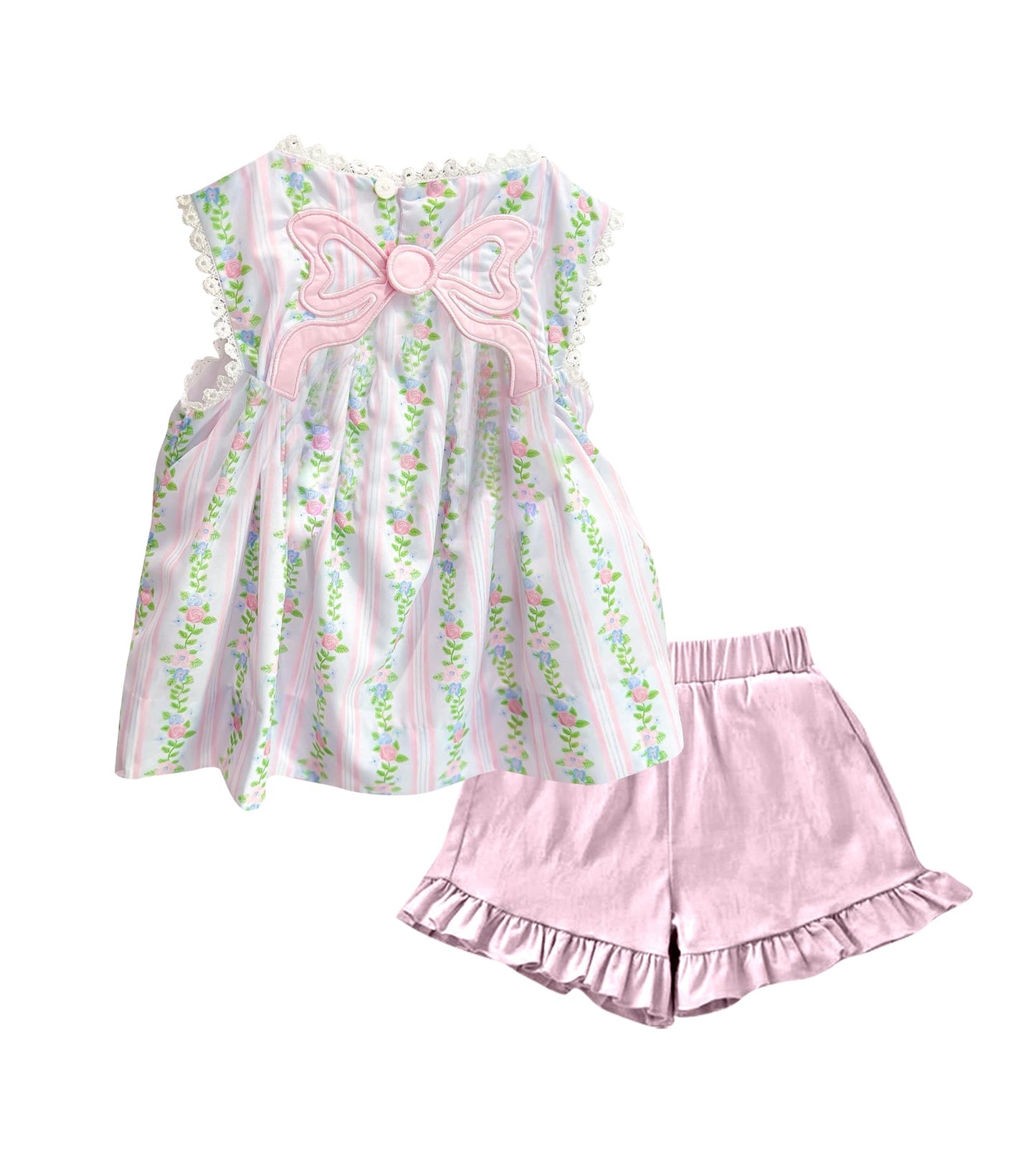 ( Moq 5 ) Preorder Baby Girls Flower Bows Tunic Pink Ruffle Shorts Summer Clothes Set
