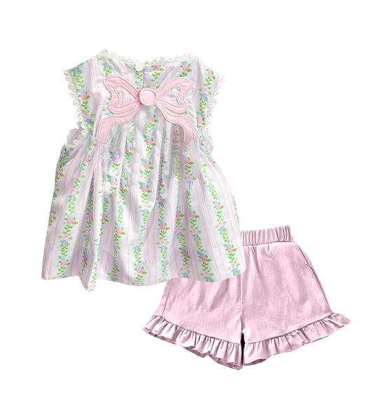 ( Moq 5 ) Preorder Baby Girls Flower Bows Tunic Pink Ruffle Shorts Summer Clothes Set