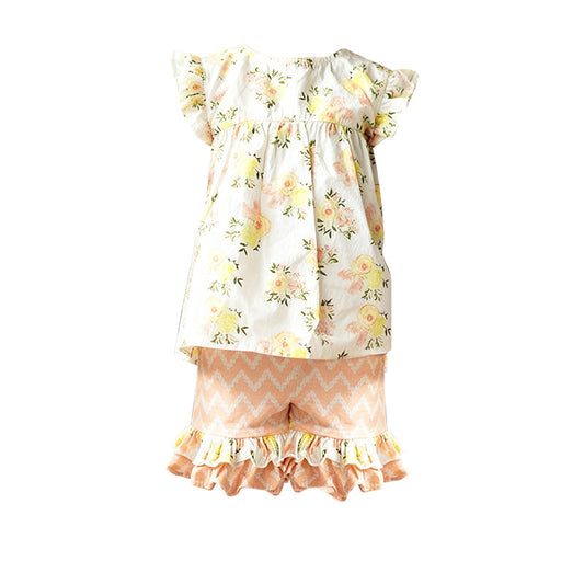 ( Moq 5 ) Preorder Baby Girls Short Sleeves Flower Tunic Ruffle Shorts Clothes Set
