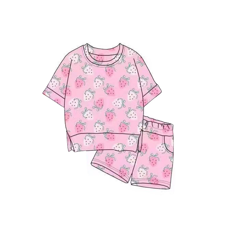 ( Moq 5 ) Preorder Baby Girls Short Sleeves Strawberry Tops Pockets Shorts Valentine Clothes Outfit