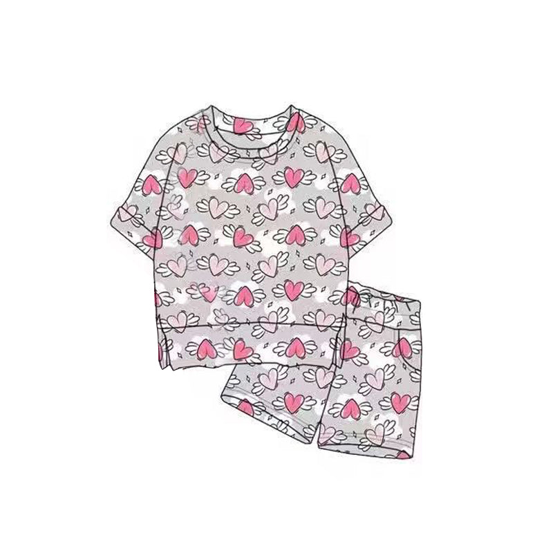 ( Moq 5 ) Preorder Baby Girls Short Sleeves Shirt Hearts Pockets Shorts Valentine Clothes Outfit