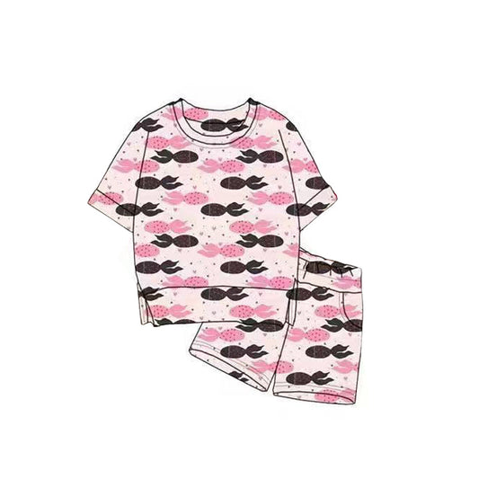( Moq 5 ) Preorder Baby Girls Short Sleeves Fish Tops Pockets Shorts Valentine Clothes Outfit