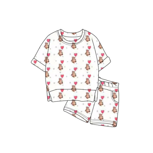 ( Moq 5 ) Preorder Baby Girls Short Sleeves Hearts Bears Tops Pockets Shorts Valentine Clothes Outfit