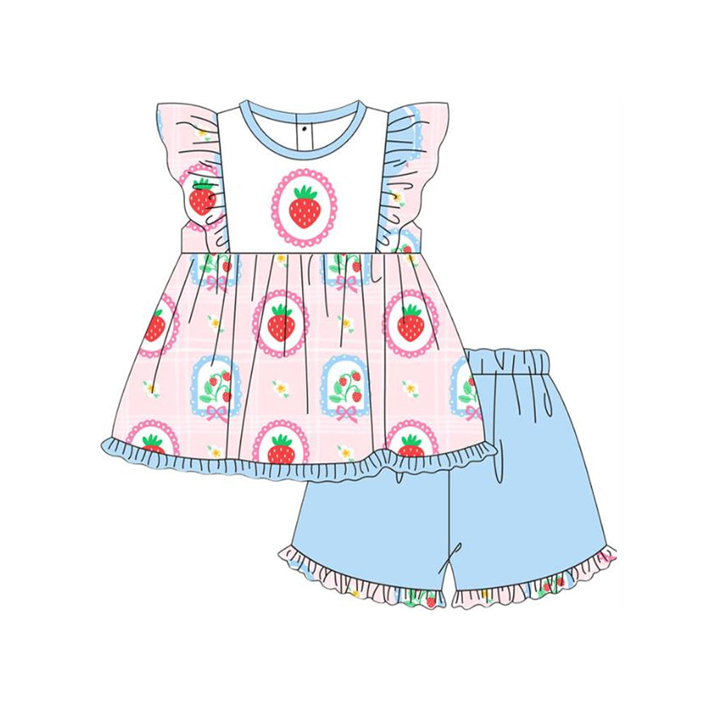 ( Moq 5 ) Preorder Baby Girls Short Sleeves Strawberry Flower Bows Tunic Blue Shorts Clothes Set