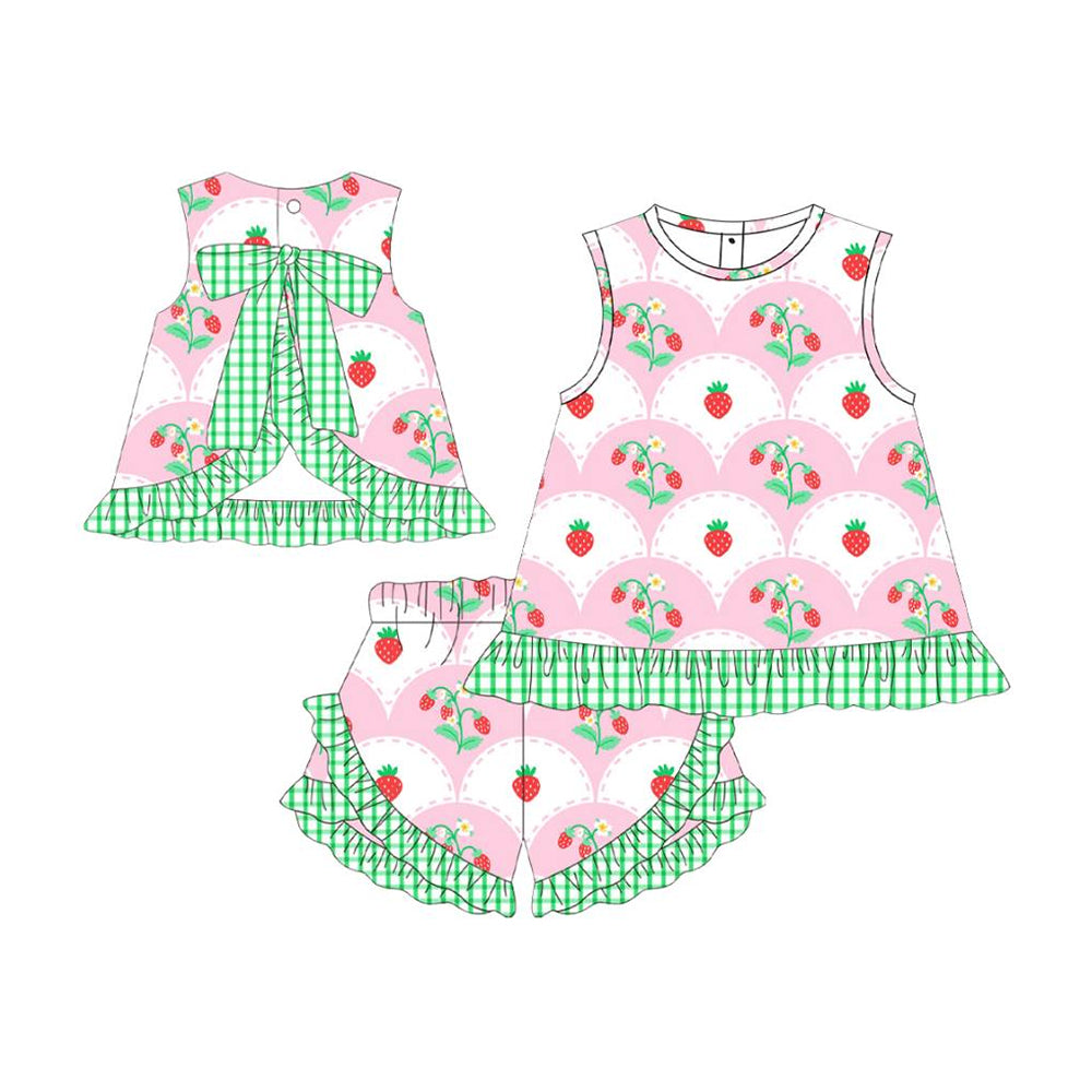 ( Moq 5 ) Preorder Baby Girls Strawberry Flower Bows Tops Ruffle Shorts Clothes Set