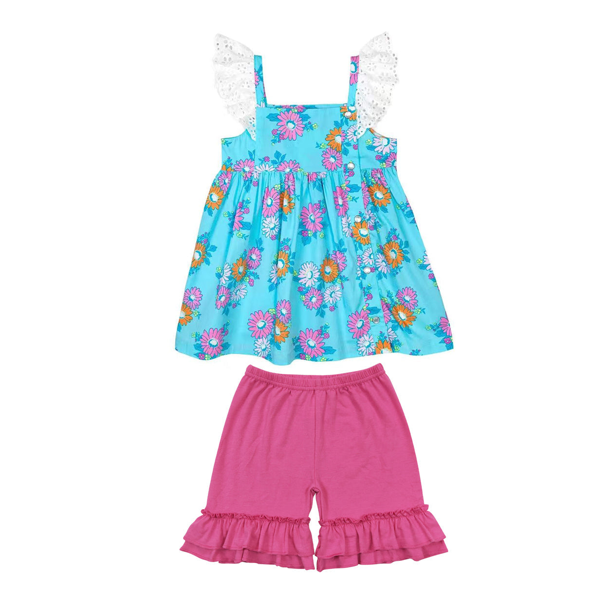 ( Moq 5 ) Preorder Baby Girls Lace Short Sleeves Flower Blue Tops Shorts Set
