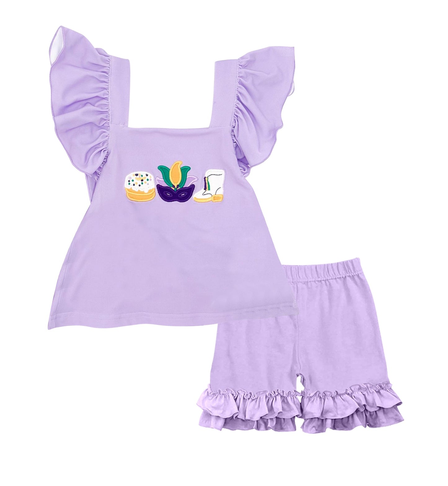 (  Moq 5 ) Preorder Baby Girls Masks Donuts Boots Tops Purple Ruffle Shorts Mardi Gras Set
