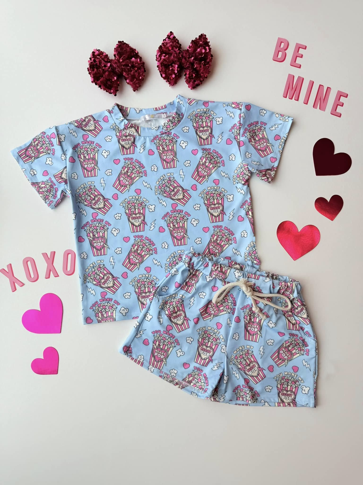 ( Moq 5 ) Preorder Baby Kids Toddler Short Sleeves Heats Popcorn Print Shirt Pockets Shorts Valentine Set