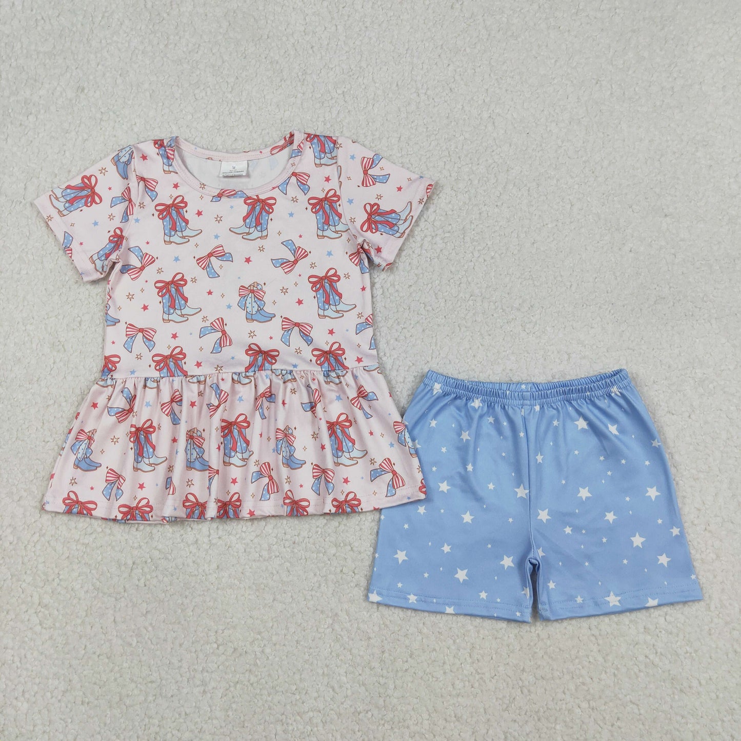 Sibling Baby Girls Short Sleeves Bows Boots Tops Shorts 4th of July Clothes Sets RTS