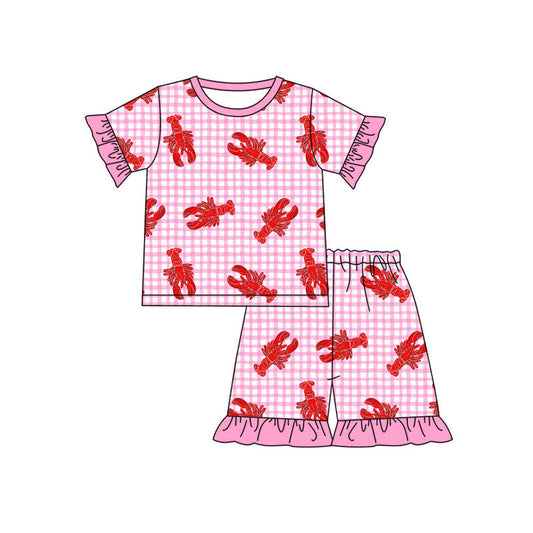 ( Moq 5 ) Preorder Baby Girls Short Sleeves Crawfish Plaid Shirt Shorts Pajamas Set