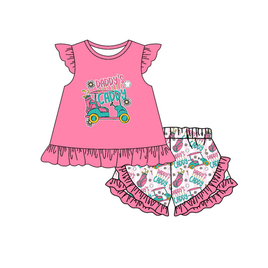 ( Moq 5 ) Preorder Baby Girls Short Sleeves Daddy's Caddy Tops Ruffle Golf Shorts Clothes Set
