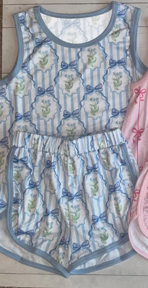 ( Moq 5 ) Preorder Baby Girls Sleeveless Blue Bows Stripes Flower Tops Shorts Clothes Set