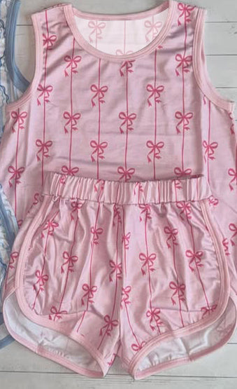 ( Moq 5 ) Preorder Baby Girls Sleeveless Pink Bows Stripes Tops Shorts Clothes Set
