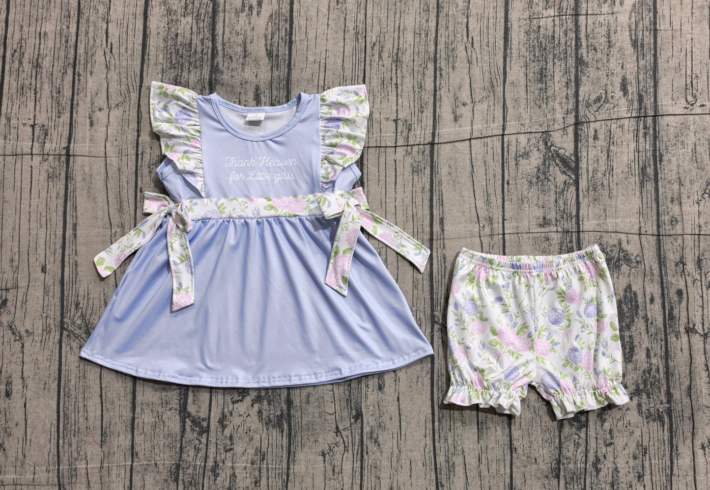Baby Girls Kids Thank Heaven Bows Blue Tunic Floral Shorts Clothes Set RTS