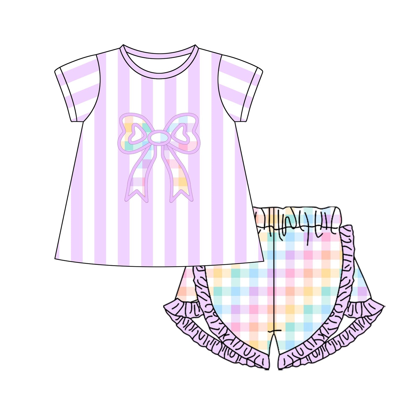 ( Moq 5 ) Preorder Baby Girls Short Sleeves Stripes Bows Tops Plaid Ruffle Shorts Clothes Set