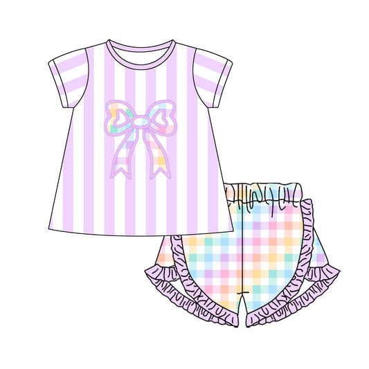 ( Moq 5 ) Preorder Baby Girls Short Sleeves Stripes Bows Tops Plaid Ruffle Shorts Clothes Set