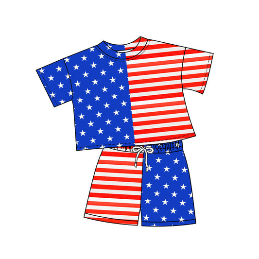 ( Moq 5 ) Preorder Baby Kids Toddler Blue Red Stars Stripes Tops Shorts July 4th Set