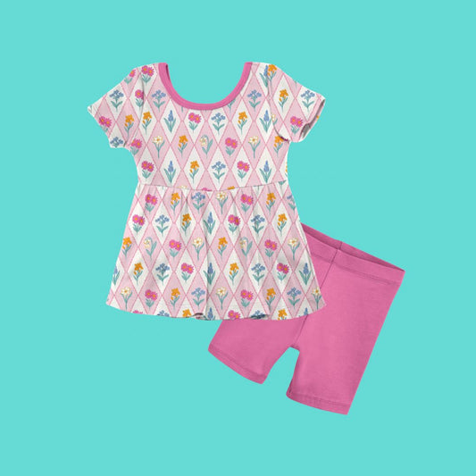 ( Moq 5 ) Preorder Baby Girls Short Sleeves Flower Tunic Pink Shorts Clothes Set