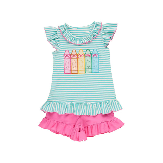 ( Moq 5 ) Preorder Baby Girls Bows Pencils Stripe Tunic Pink Shorts Back to School Clothes Set
