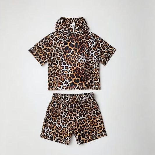 ( Moq 5 ) Preorder Baby Girls Short Sleeves Leopard Hoodie Shirt Shorts Clothes Set