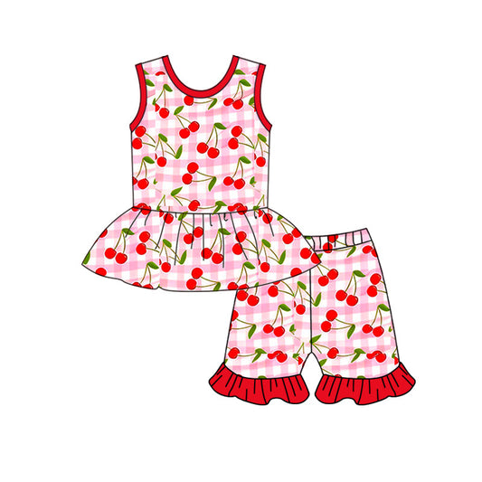 ( Moq 5 ) Preorder Baby Girls Sleeveless Cherry Plaid Tunic Ruffle Shorts Clothes Set