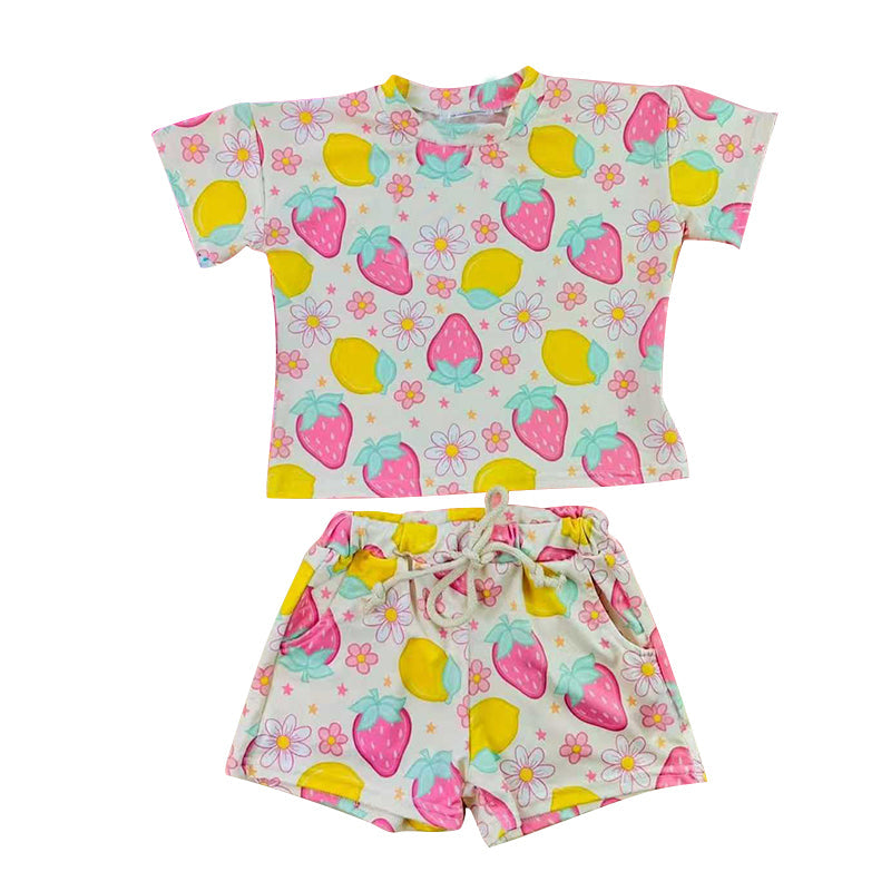 ( Moq 5 ) Preorder Baby Girls Short Sleeves  Strawberry Lemons Flower Shirt Shorts Clothes Set