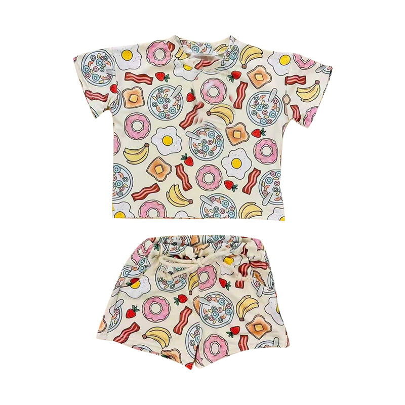 ( Moq 5 ) Preorder Baby Girls Kids Short Sleeves Donuts Eggs Shirt Shorts Clothes Set