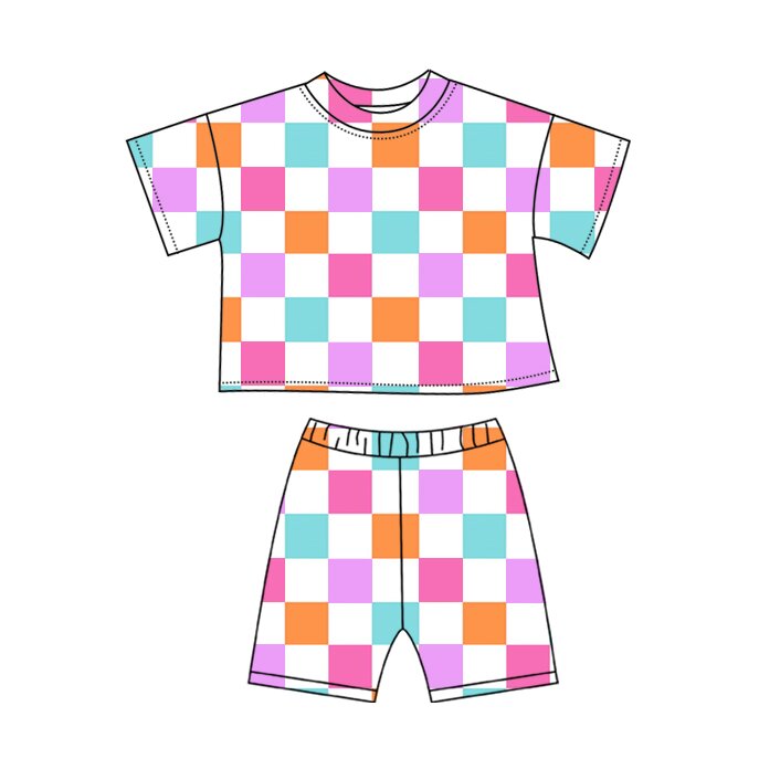 ( Moq 5 ) Preorder Baby Girls Short Sleeves Colorful Checked Shirt Shorts Clothes Set