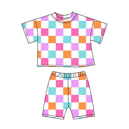 ( Moq 5 ) Preorder Baby Girls Short Sleeves Colorful Checked Shirt Shorts Clothes Set