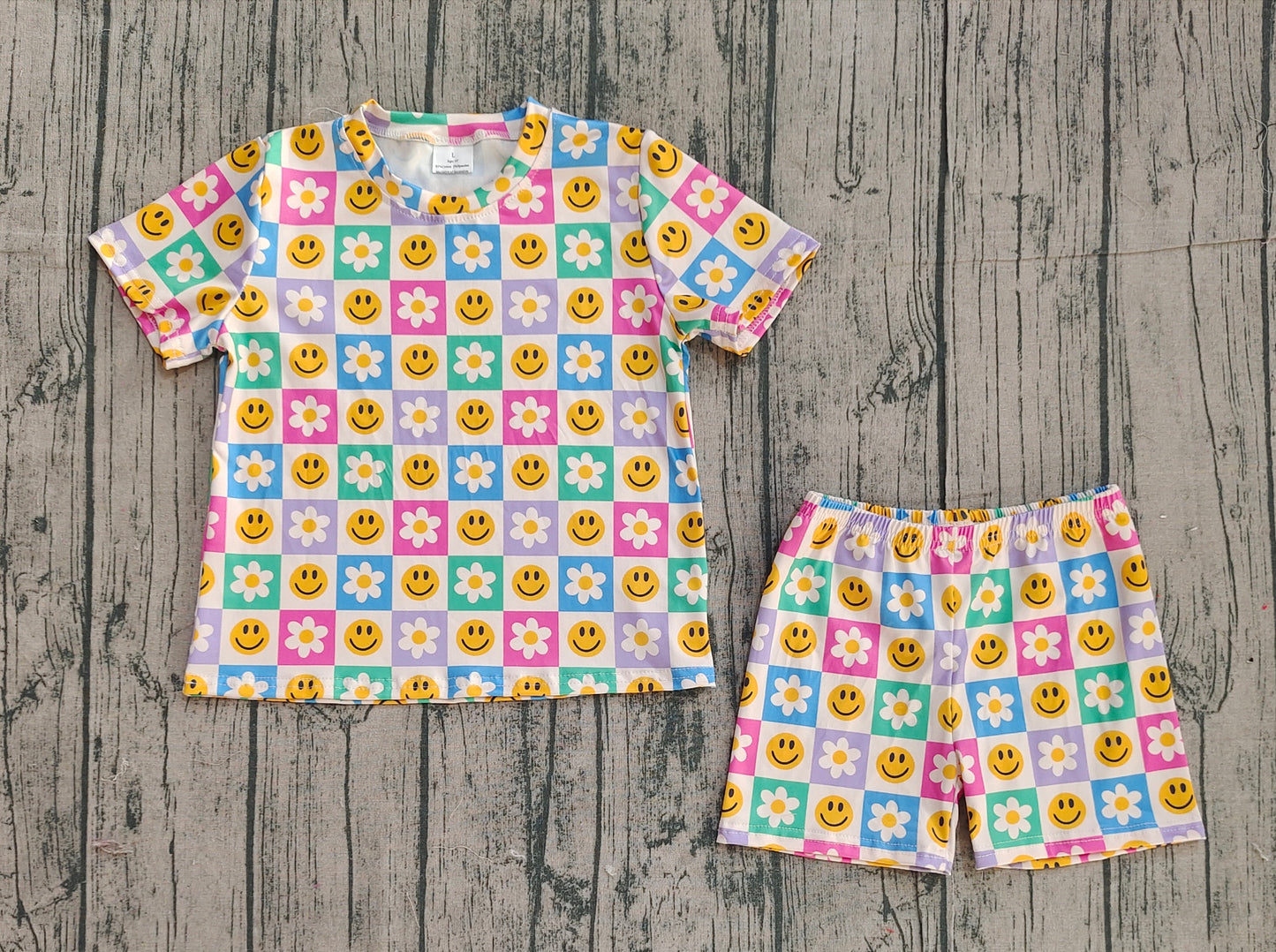 ( No moq ) Preorder Baby Girls Short Sleeves Smile Flower Checked Shirt Shorts Clothes Set