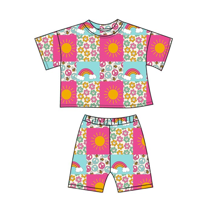 ( Moq 5 ) Preorder Baby Girls Short Sleeves Smile Flower Plaid Shirt Shorts Clothes Set